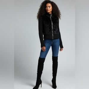 EXPRESS Black Faux Fur Front Sweater Jacket Ribbed Knit Sleeves Zip Up Mock Ne